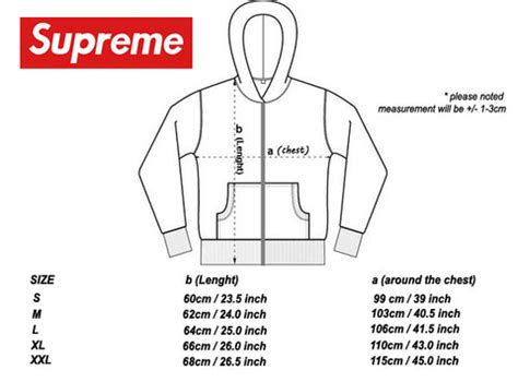 supreme hoodie size chart